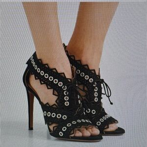 Alaia Black Lasercut Cutout‎ Studded Open Toe Heels